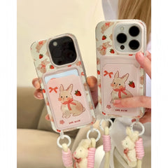 Cute Pink Rabbit Card Holder with Lanyard iPhone Case
