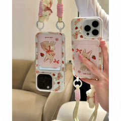 Cute Pink Rabbit Card Holder with Lanyard iPhone Case