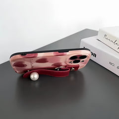 Burgundy Gradient Heart Pearl Wristband iPhone Case