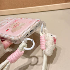 Cute Pink Rabbit Card Holder with Lanyard iPhone Case