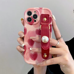 Burgundy Gradient Heart Pearl Wristband iPhone Case