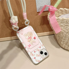 Cute Pink Rabbit Card Holder with Lanyard iPhone Case