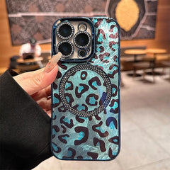 Leopard print inlaid diamond magnetic iPhone case