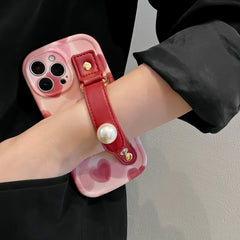 Burgundy Gradient Heart Pearl Wristband iPhone Case