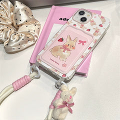 Cute Pink Rabbit Card Holder with Lanyard iPhone Case