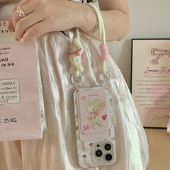 Cute Pink Rabbit Card Holder with Lanyard iPhone Case