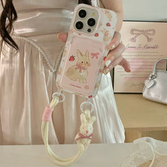 Cute Pink Rabbit Card Holder with Lanyard iPhone Case