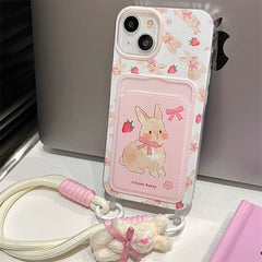 Cute Pink Rabbit Card Holder with Lanyard iPhone Case