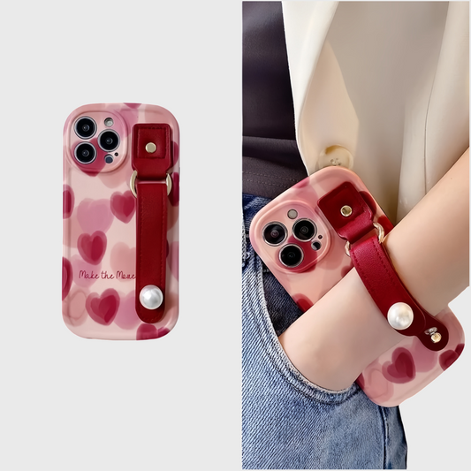 Burgundy Gradient Heart Pearl Wristband iPhone Case