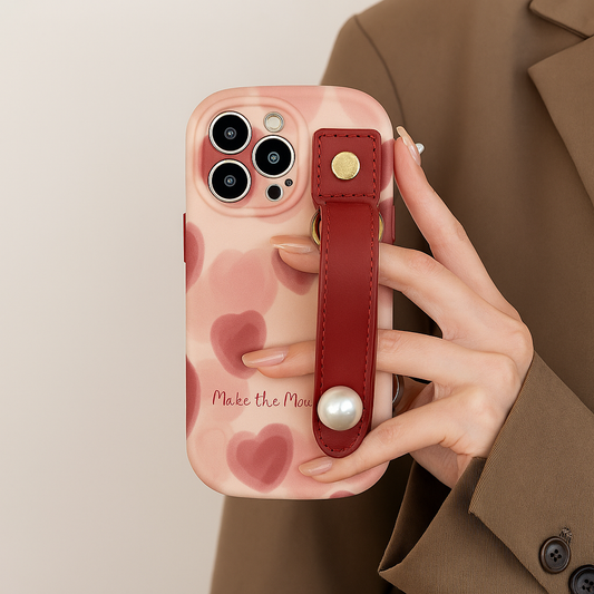 Burgundy Gradient Heart Pearl Wristband iPhone Case