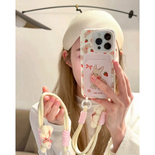 Cute Pink Rabbit Card Holder with Lanyard iPhone Case
