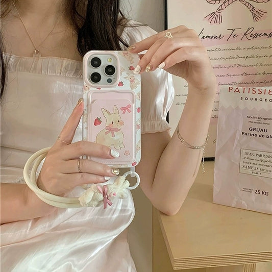 Cute Pink Rabbit Card Holder with Lanyard iPhone Case