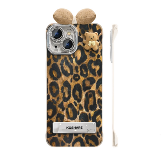 Borderless bear leopard print stand iPhone case